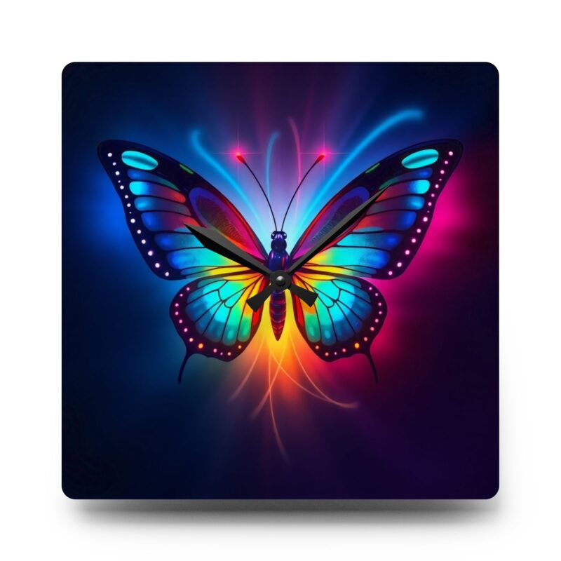 Metamorphosis Neon Butterfly Acrylic Wall Clock - Image 3