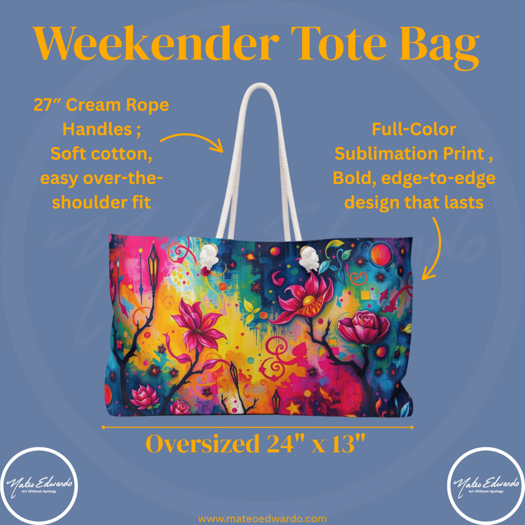 Weekender Tote Bag infograph for mateoedwardoart.com