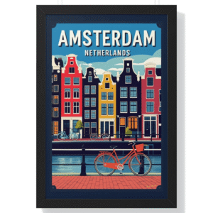 Amsterdam Orange Bike Canal Houses Canvas Print | Dutch Travel Poster