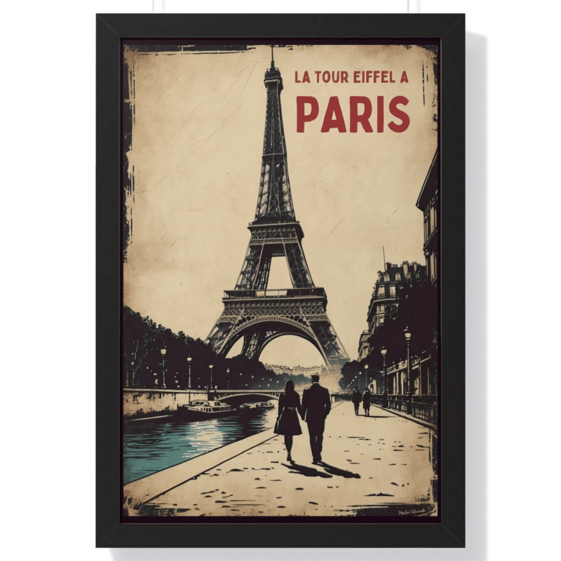 Paris Vintage Romance Seine Art Print | Eiffel Tower Couple Travel Poster